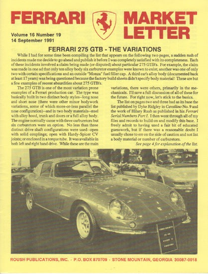 Ferrari Market Letter Vol. 16 N.19