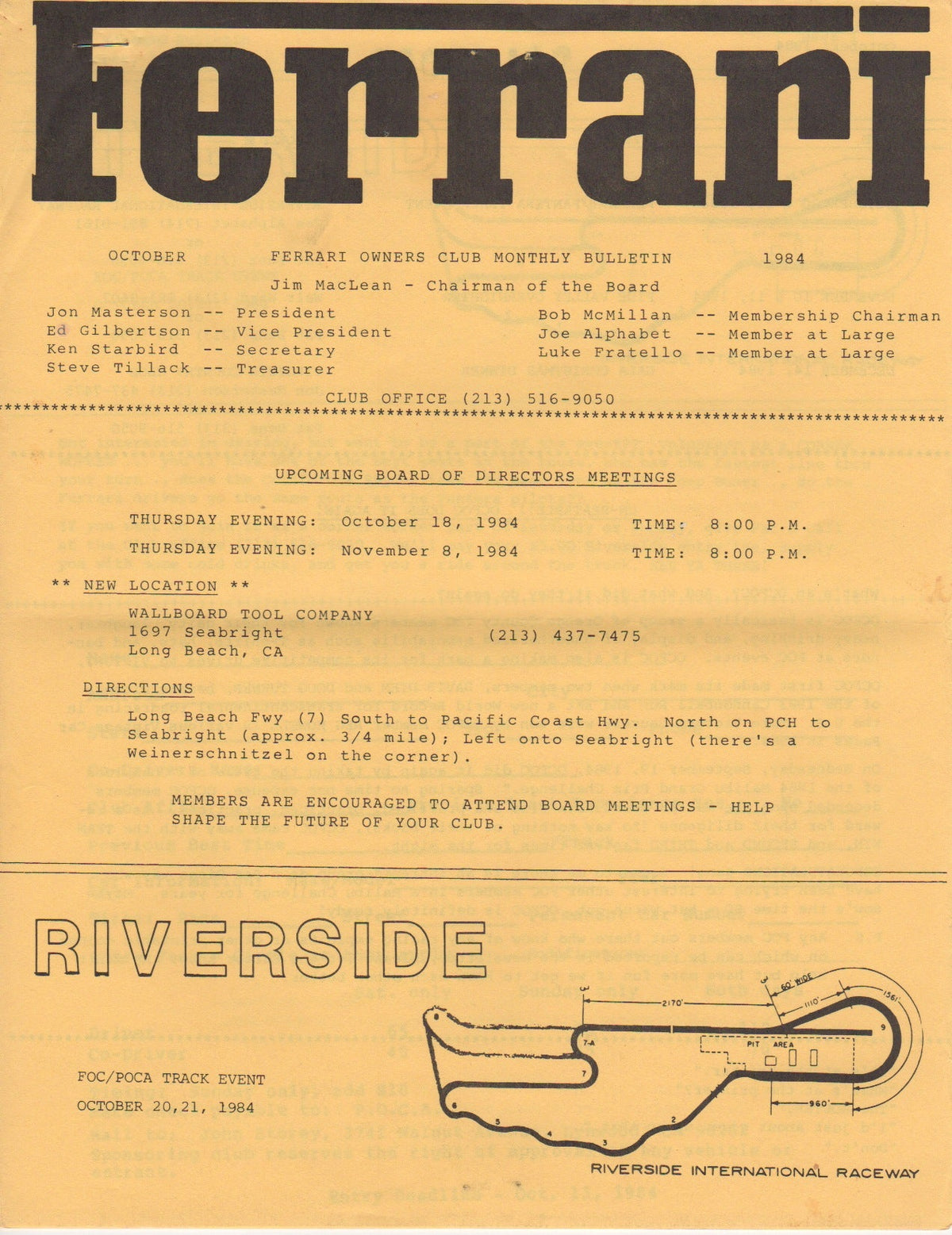 Ferrari, FOC Monthly Bulletin (USA) 1984-10