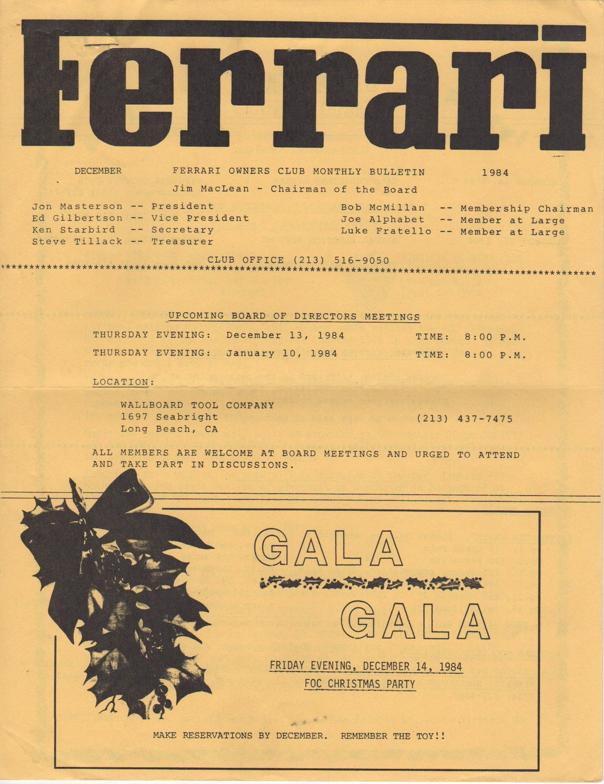 Ferrari, FOC Monthly Bulletin (USA) 1984-12