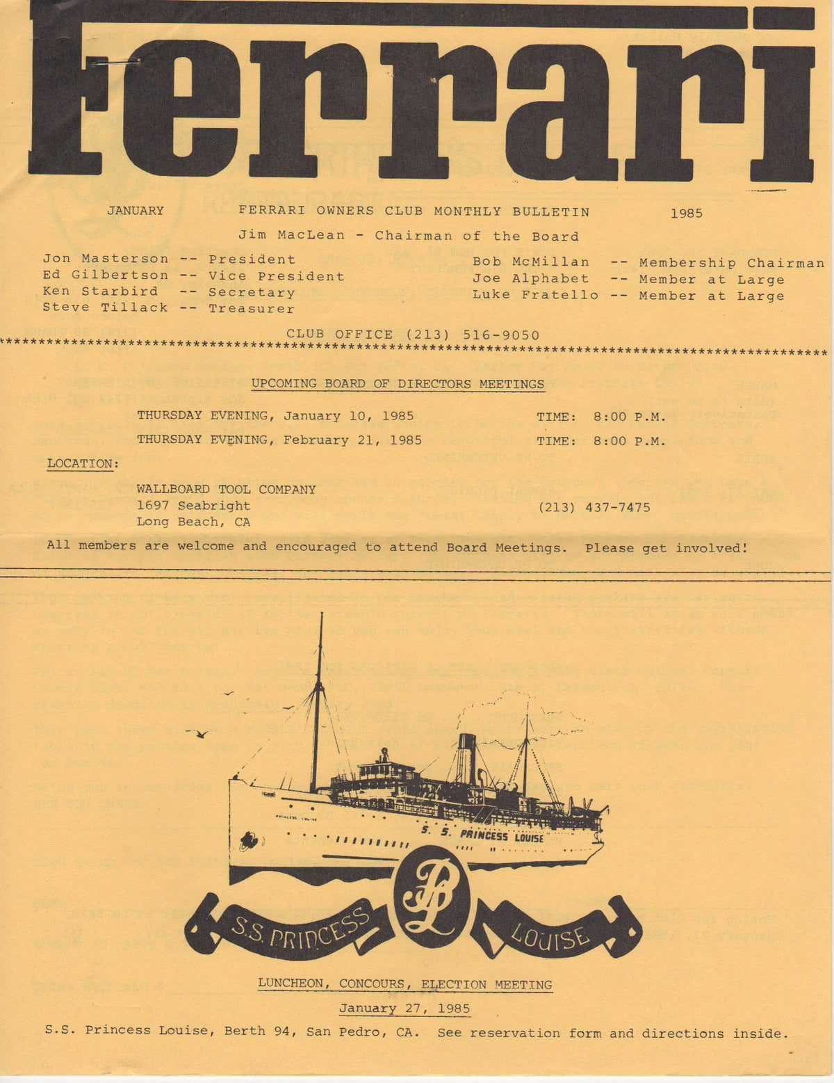 Ferrari, FOC Monthly Bulletin (USA) 1985-01