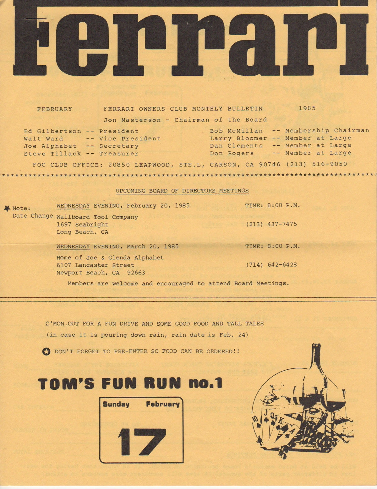 Ferrari, FOC Monthly Bulletin (USA) 1985-02