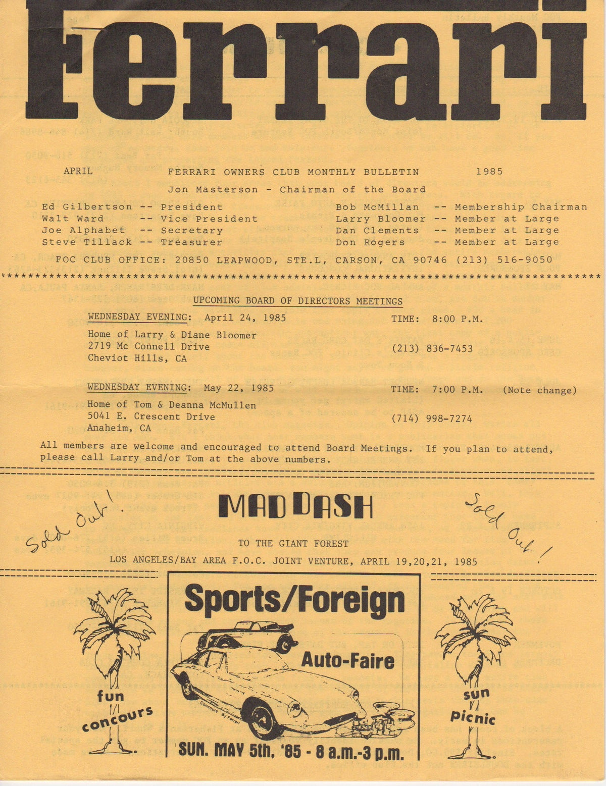 Ferrari, FOC Monthly Bulletin (USA) 1985-04