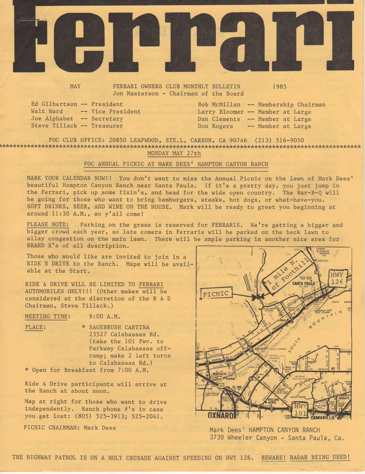Ferrari, FOC Monthly Bulletin (USA) 1985-05