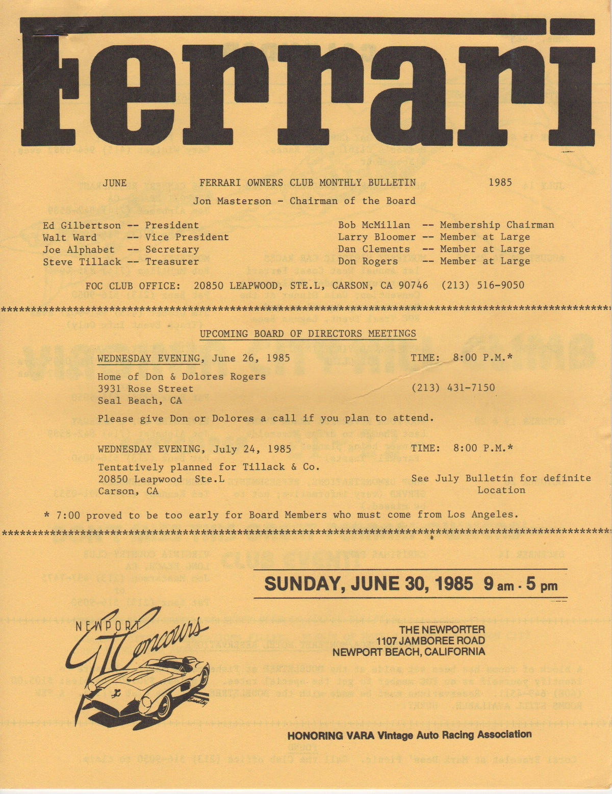 Ferrari, FOC Monthly Bulletin (USA) 1985-06