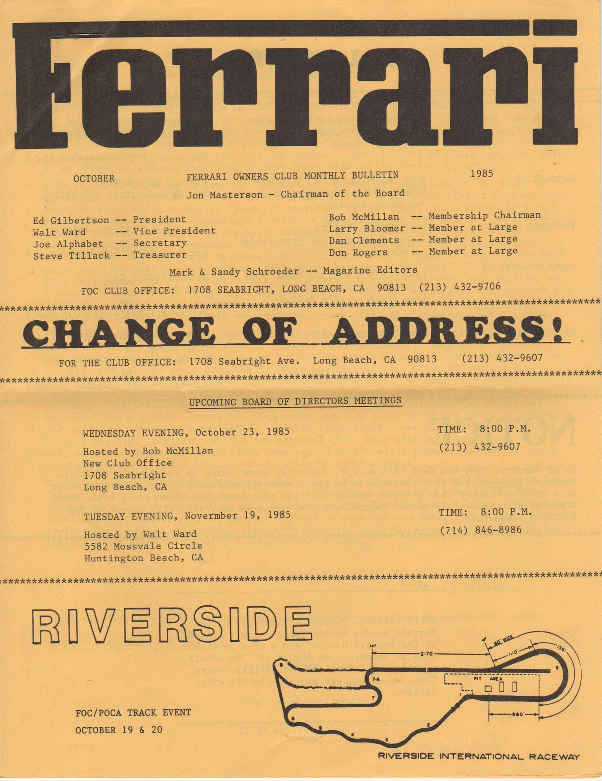 Ferrari, FOC Monthly Bulletin (USA) 1985-10