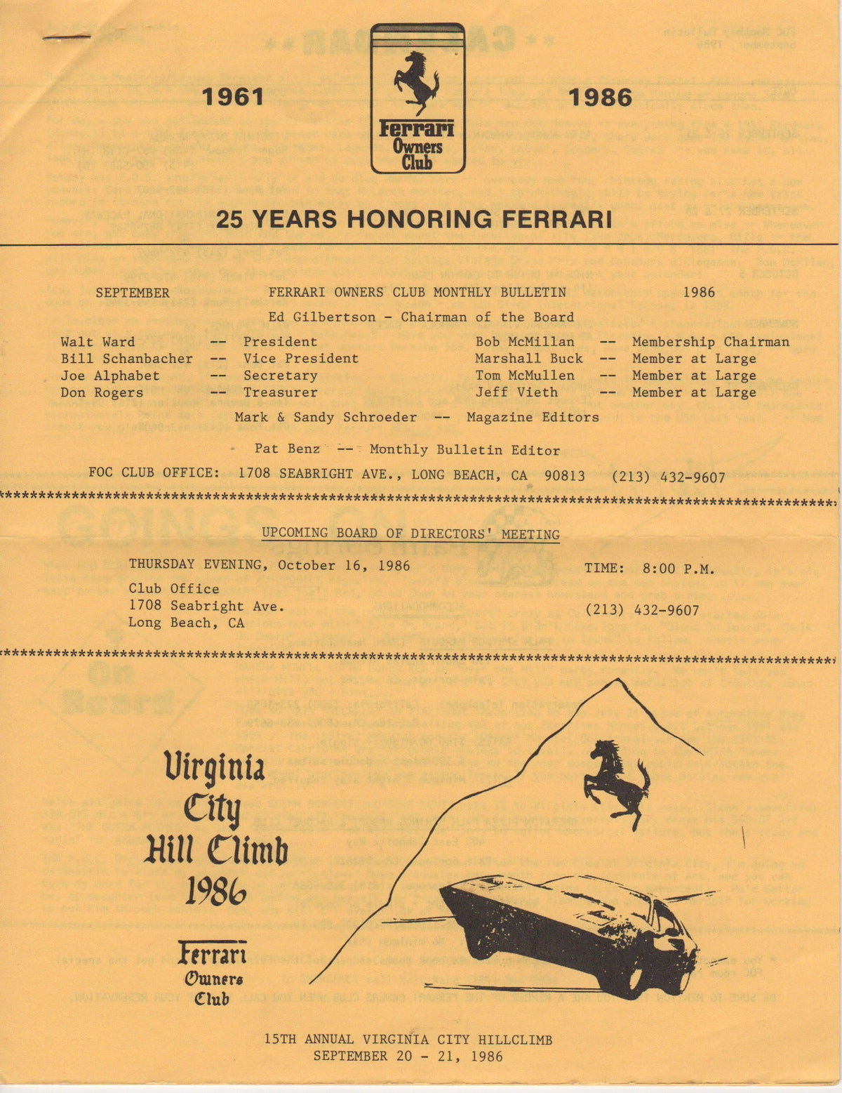 Ferrari, FOC Monthly Bulletin (USA) 1986-09