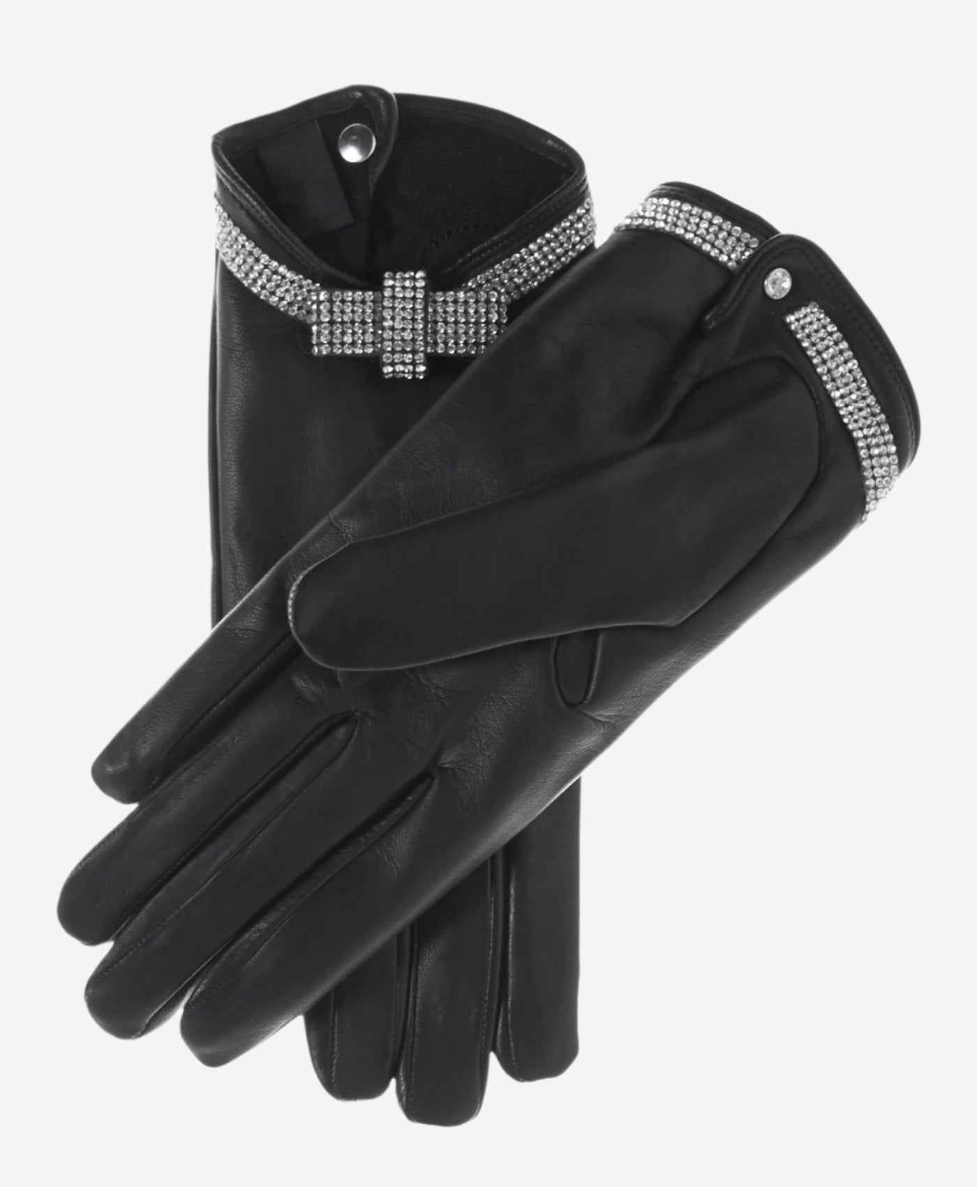 FS4321 (black) - Women's Italian silk lined leather gloves with Swarovski crystal bow — photo 1 of 10