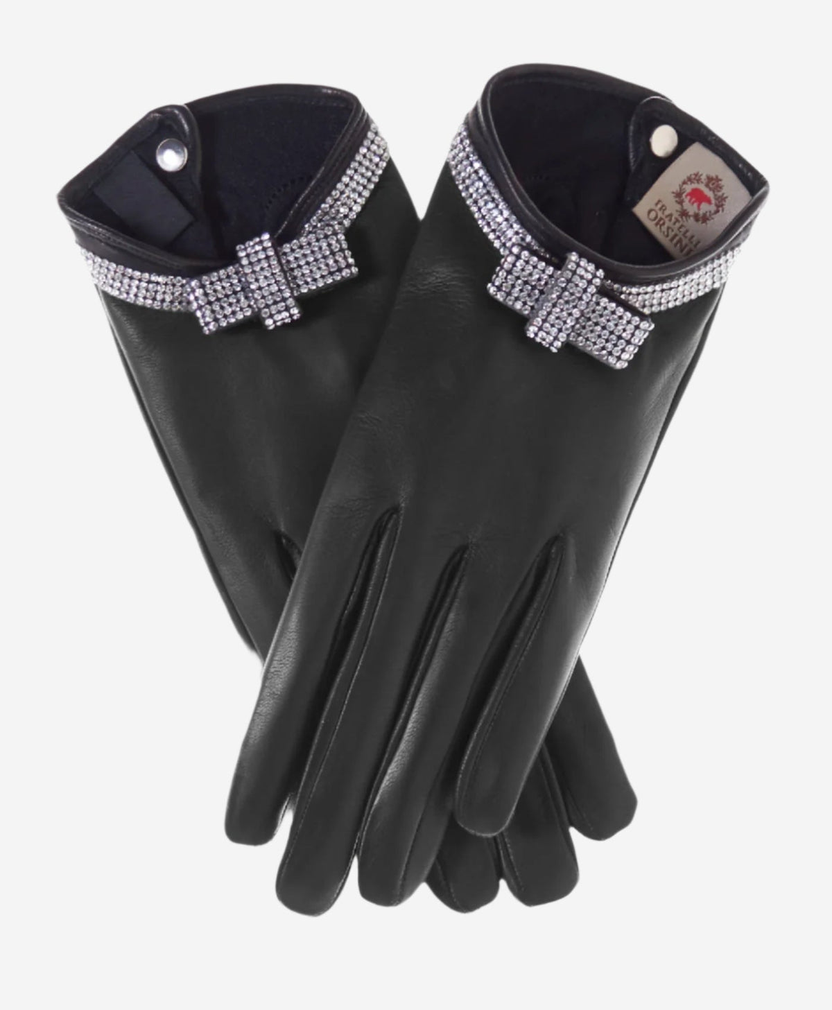 FS4321 (black) - Women's Italian silk lined leather gloves with Swarovski crystal bow — photo 2 of 10