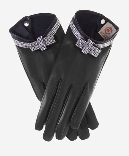 FS4321 (black) - Women's Italian silk lined leather gloves with Swarovski crystal bow — photo 2 of 10