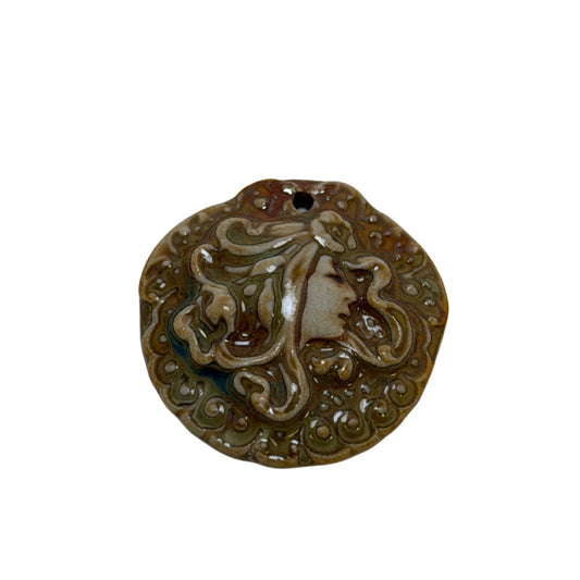 Brown Ceramic Lady Profile Pendant 38mm - Porcelain Focal Charm