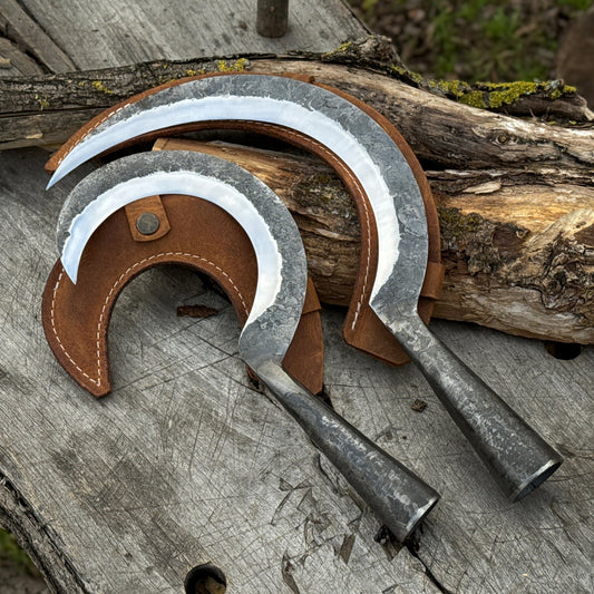 Hand-Forged 2-Piece Garden Sickle Set with Leather Sheaths