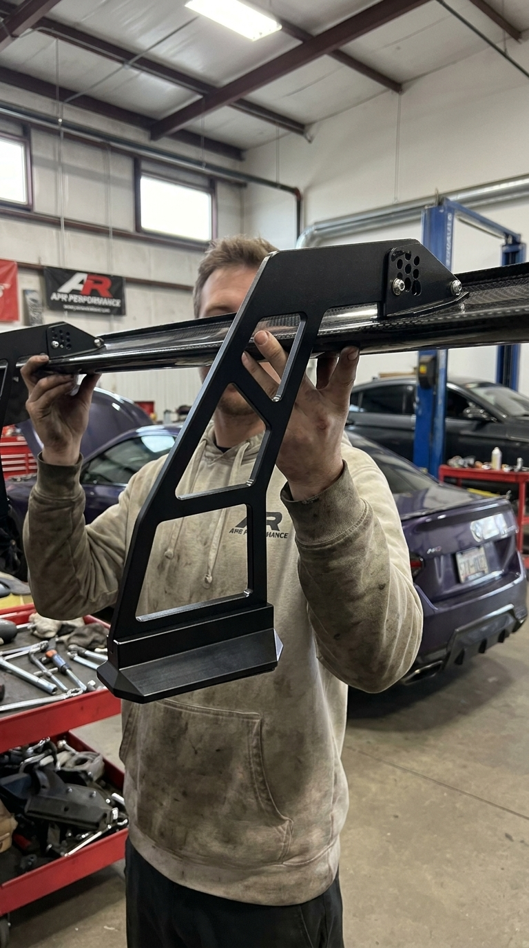 UGC-style garage presentation of the APR GT250 carbon-fiber swan-neck wing for BMW G42 M240i and G87 M2.