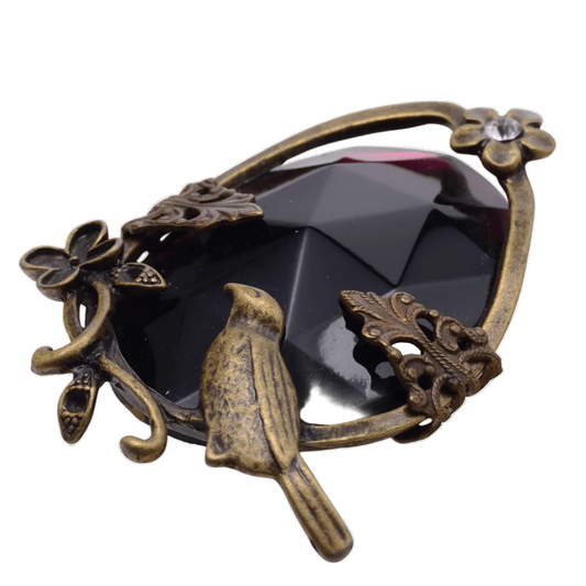 Vintage Style Antique Brass Bird Brooch with Deep Purple Amethyst Crystal - 53mm Statement Pin