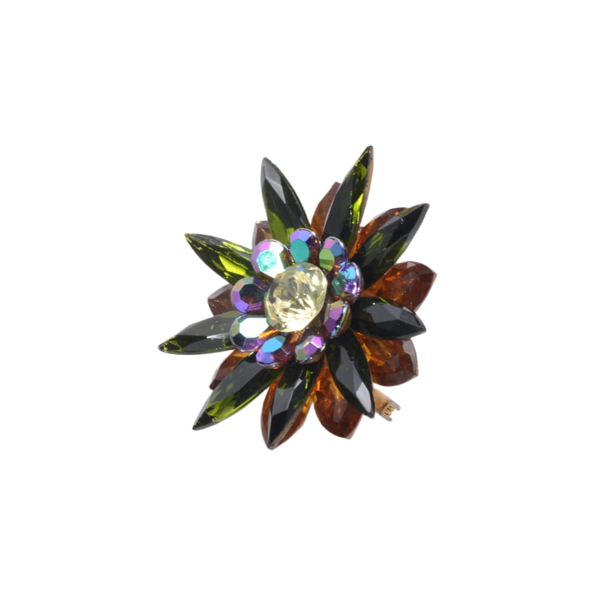 Vintage Swarovski Crystal Flower Brooch: Olivine Green Amber Aurora Borealis 49mm