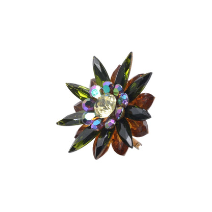 Vintage Swarovski Crystal Flower Brooch: Olivine Green Amber Aurora Borealis 49mm