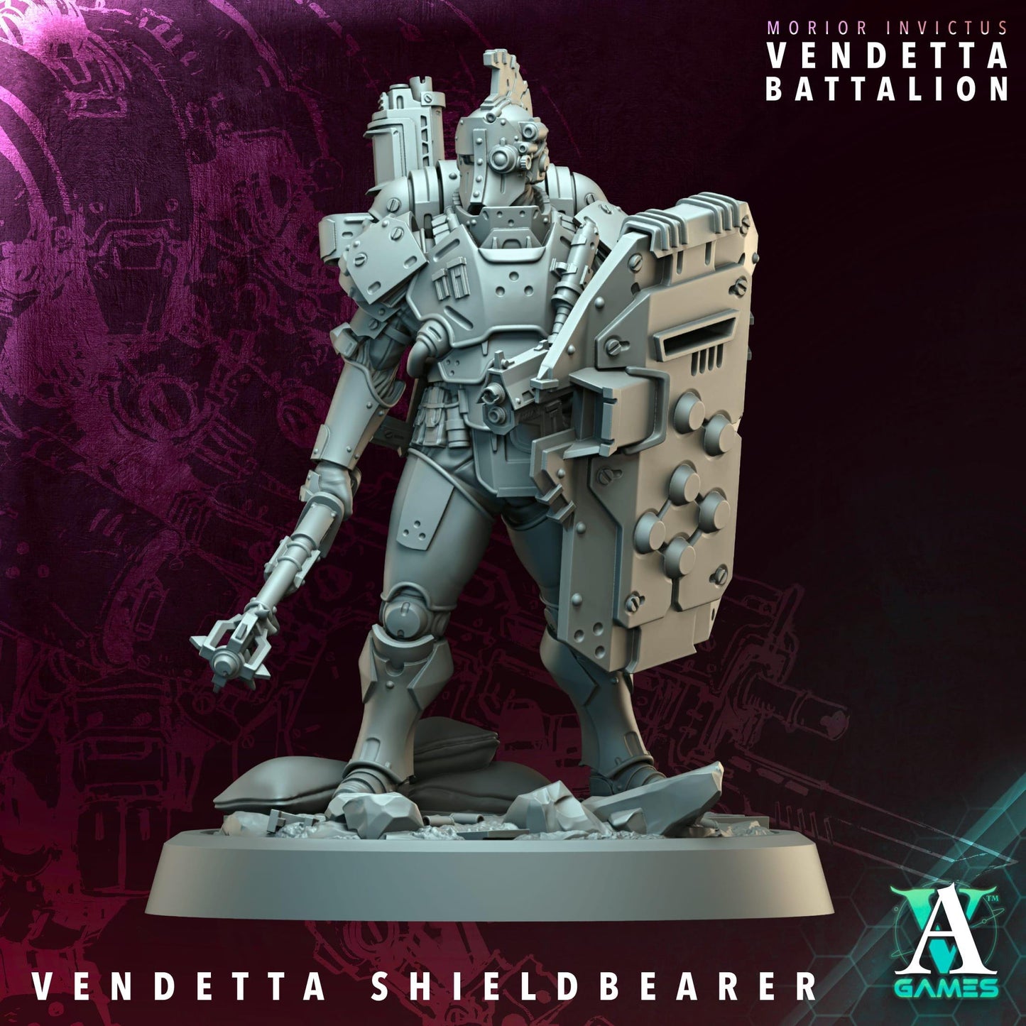 Vendetta Shieldbearer impresa en 3D de Archvillain Games