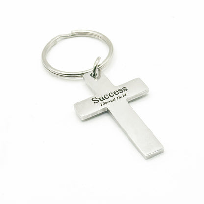 Success 1 Samuel 18 14 Cross Keychain Stainless Steel Christian Gift Inspirational Scripture Key Ring Faith Encouragement