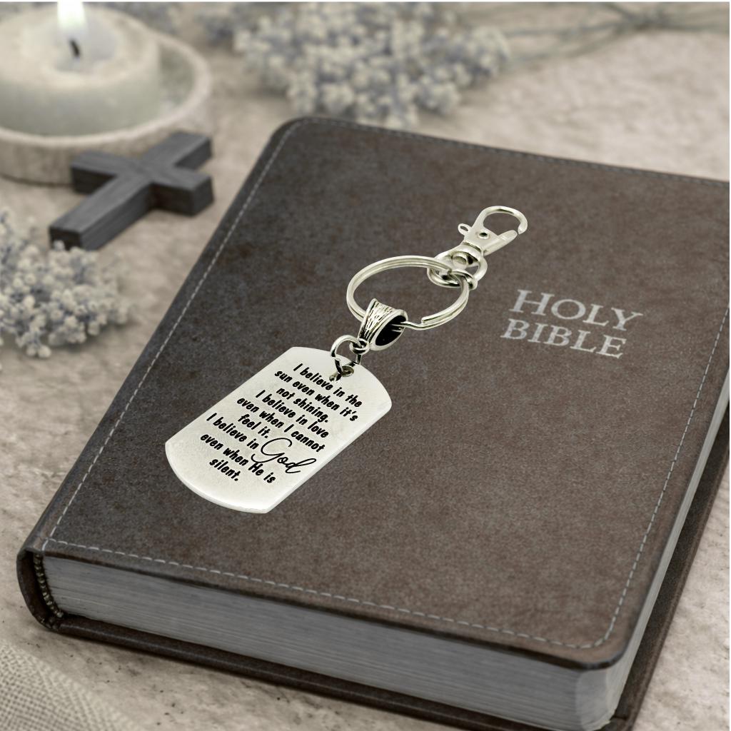 I Believe In God Keychain Faith Inspirational Stainless Steel Engraved Charm Christian Encouragement Gift