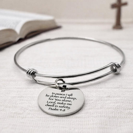 Psalm 4 8 Bracelet In Peace I Will Lie Down And Sleep Christian Scripture Expanding Bangle Faith Jewelry Gift