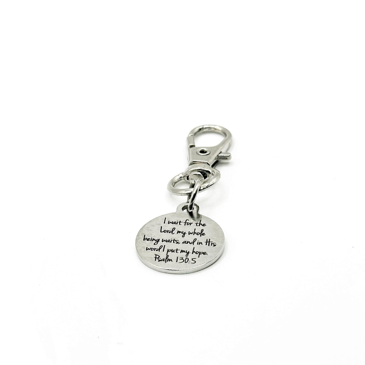 Psalm 130 5 Clip On Charm Christian Bible Verse Charm Stainless Steel Engraved Charm Lobster Clasp Bag Zipper Pull Gift