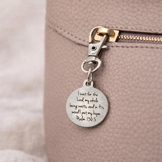 Psalm 130 5 Clip On Charm Christian Bible Verse Charm Stainless Steel Engraved Charm Lobster Clasp Bag Zipper Pull Gift
