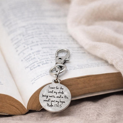Psalm 130 5 Clip On Charm Christian Bible Verse Charm Stainless Steel Engraved Charm Lobster Clasp Bag Zipper Pull Gift