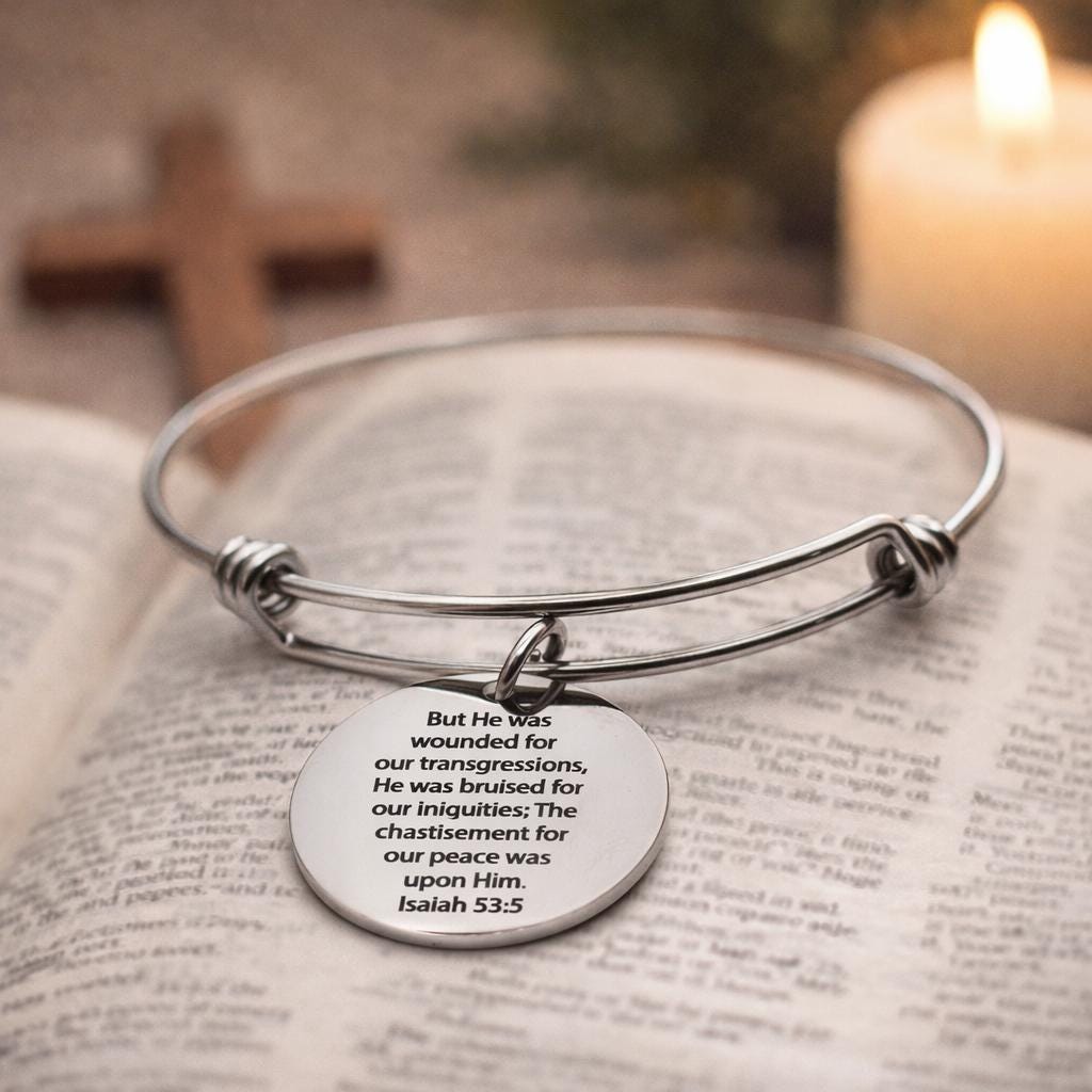 Isaiah 53 5 Scripture Bracelet Christian Faith Jewelry Stainless Steel Engraved 25mm Charm Bible Verse Gift