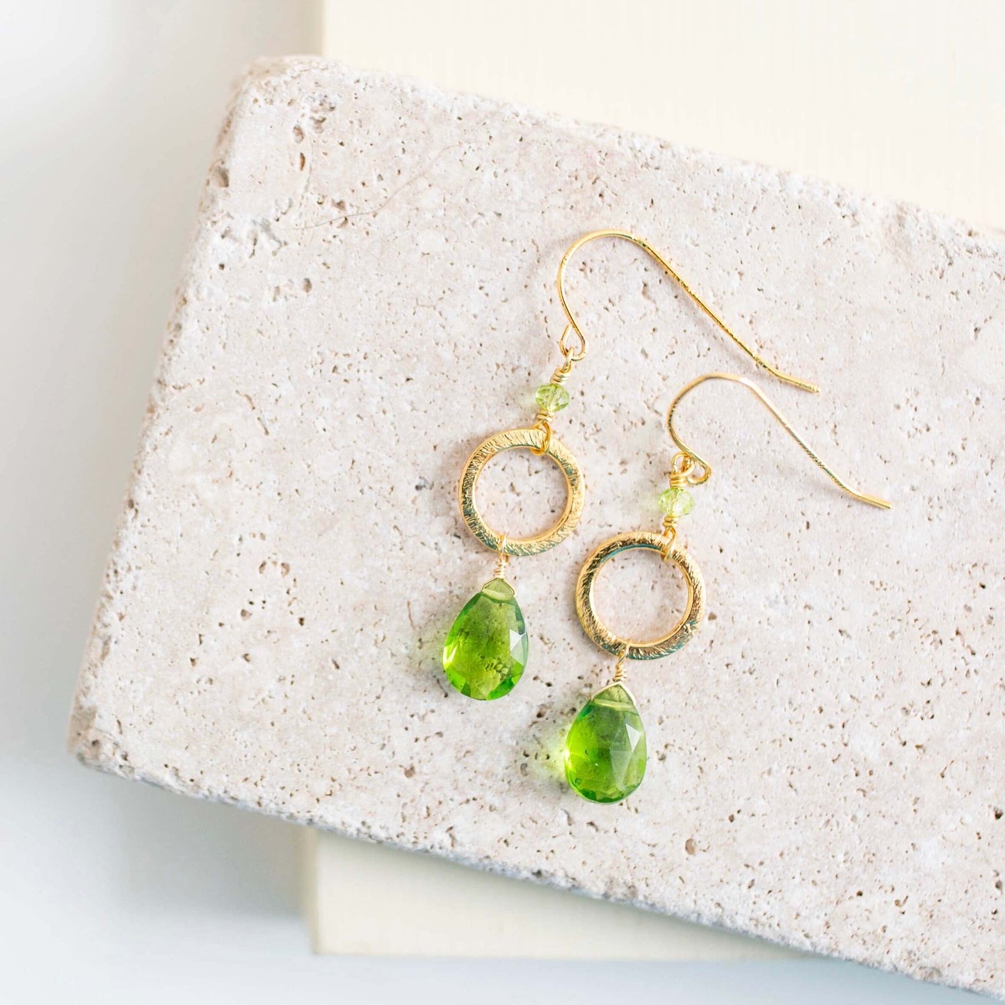 Peridot Green Quartz Gold Drop Earrings