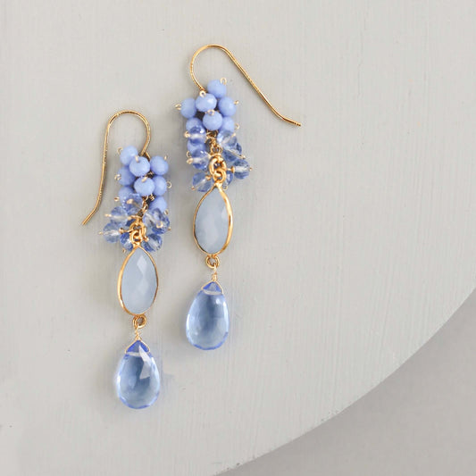 Dark Blue Chalcedony Bezel Cluster Earrings