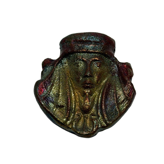 Raku Ceramic Focal Pendant - Iridescent Green Gold Portrait - 44mm Double Sided