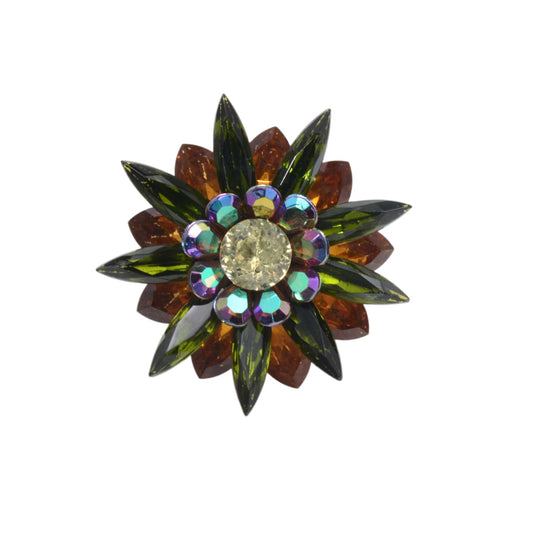 Vintage Swarovski Crystal Flower Brooch: Olivine Green Amber Aurora Borealis 49mm