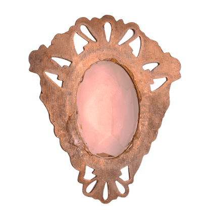 Vintage Style Base Metal Filigree Brooch with Pale Pink Faceted Glass Stone - 36x42mm