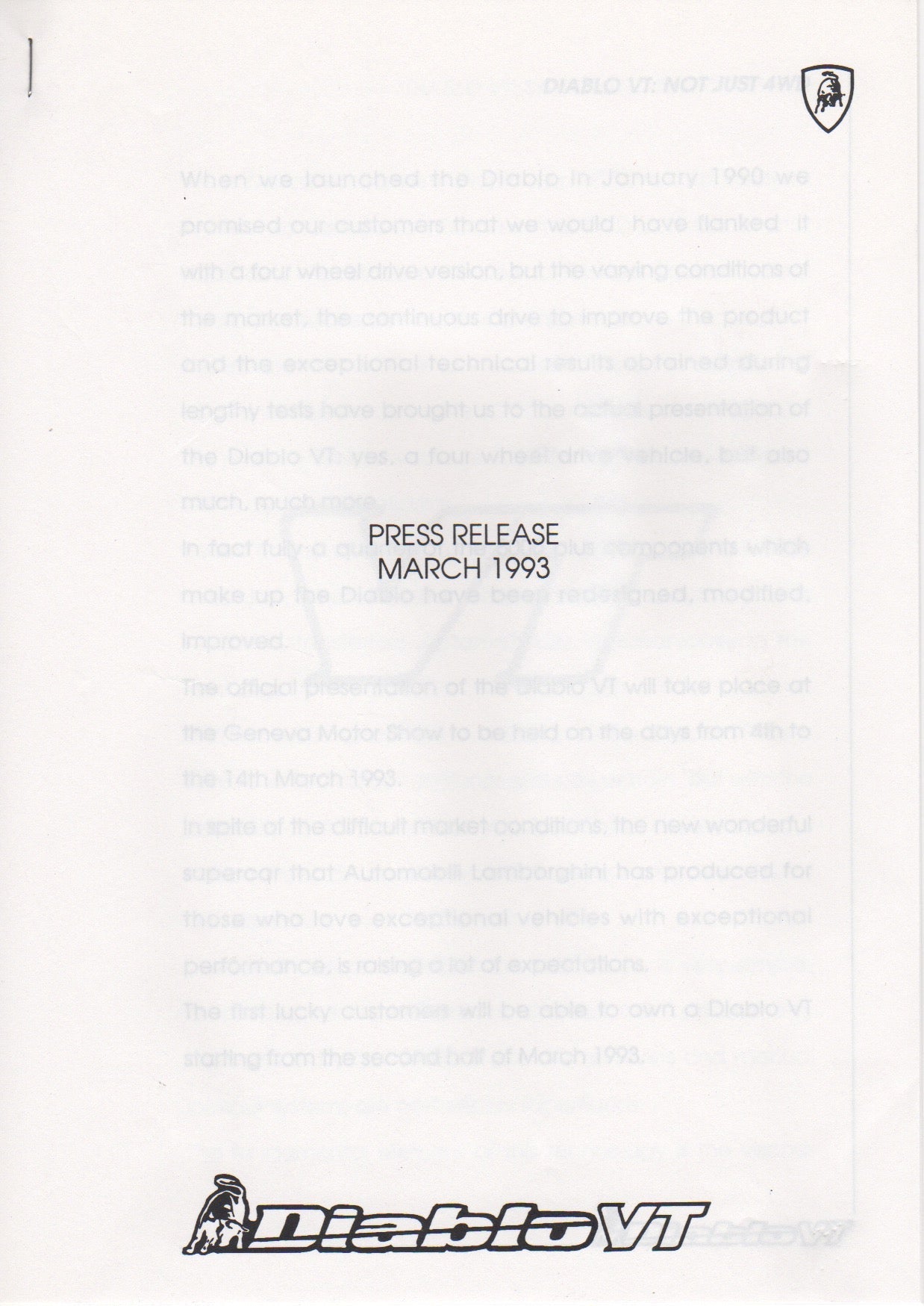 Lamborghini Press Kit 1993 Geneva - Diablo VT Presentation