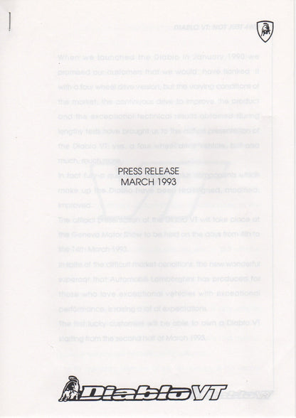 Lamborghini Press Kit 1993 Geneva - Diablo VT Presentation