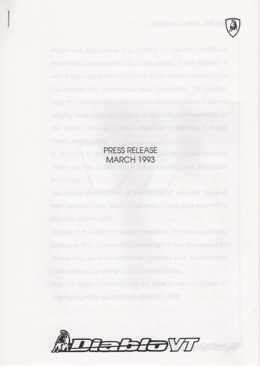 Lamborghini Press Kit 1993 Geneva - Diablo VT Presentation
