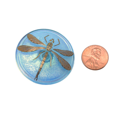 Czech Glass Dragonfly Button 40mm Aqua Blue with Gold Lustre - Large Focal Button
