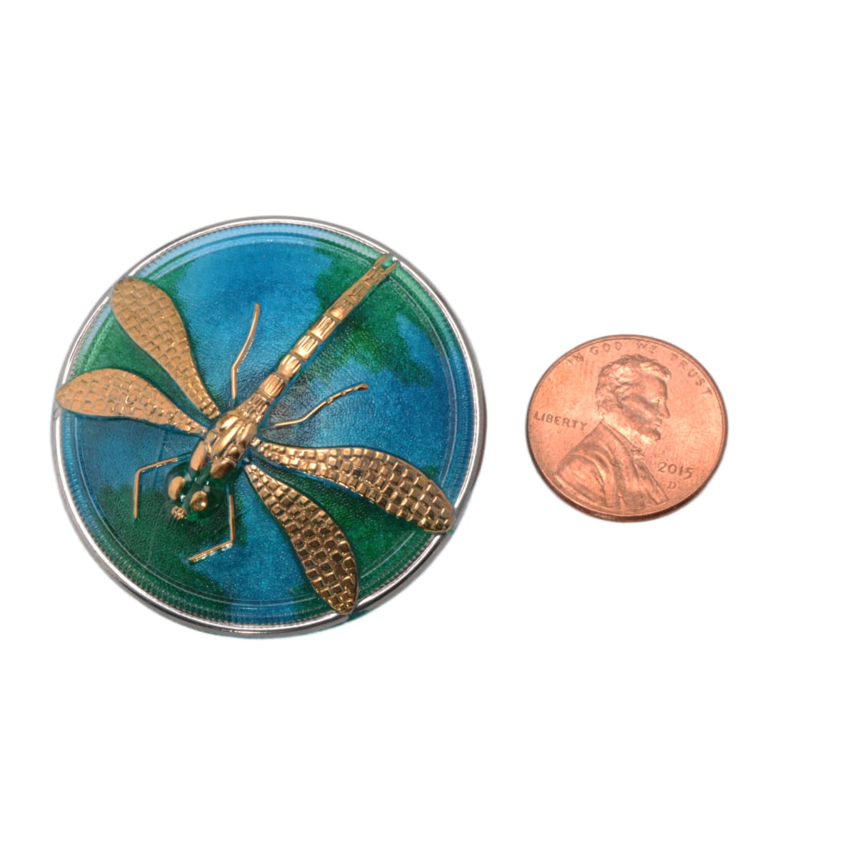Czech Glass Dragonfly Button 40mm - Blue Green Enamel with Gold Accent