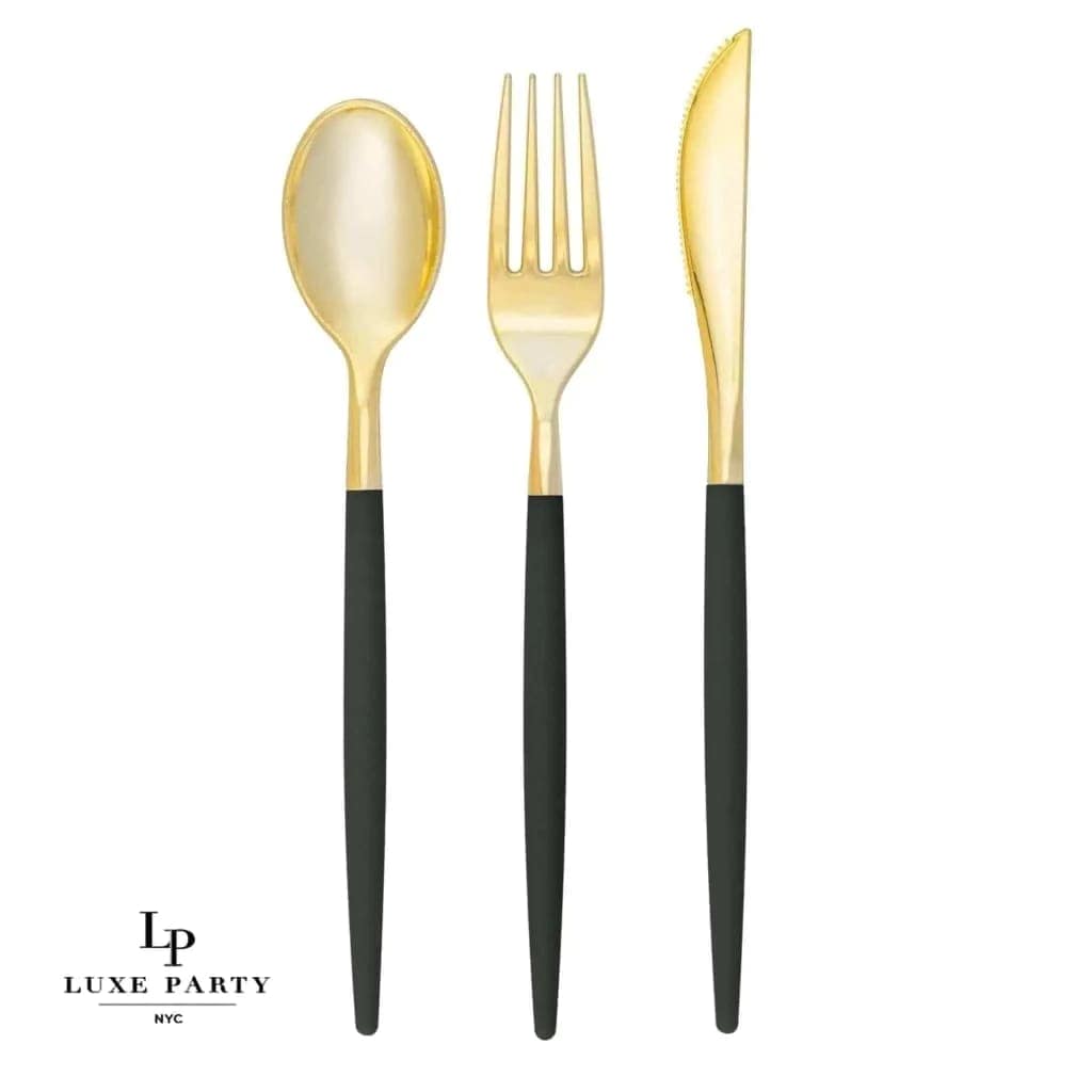 Emerald and Gold Plastic Cutlery Set | 32 Pieces