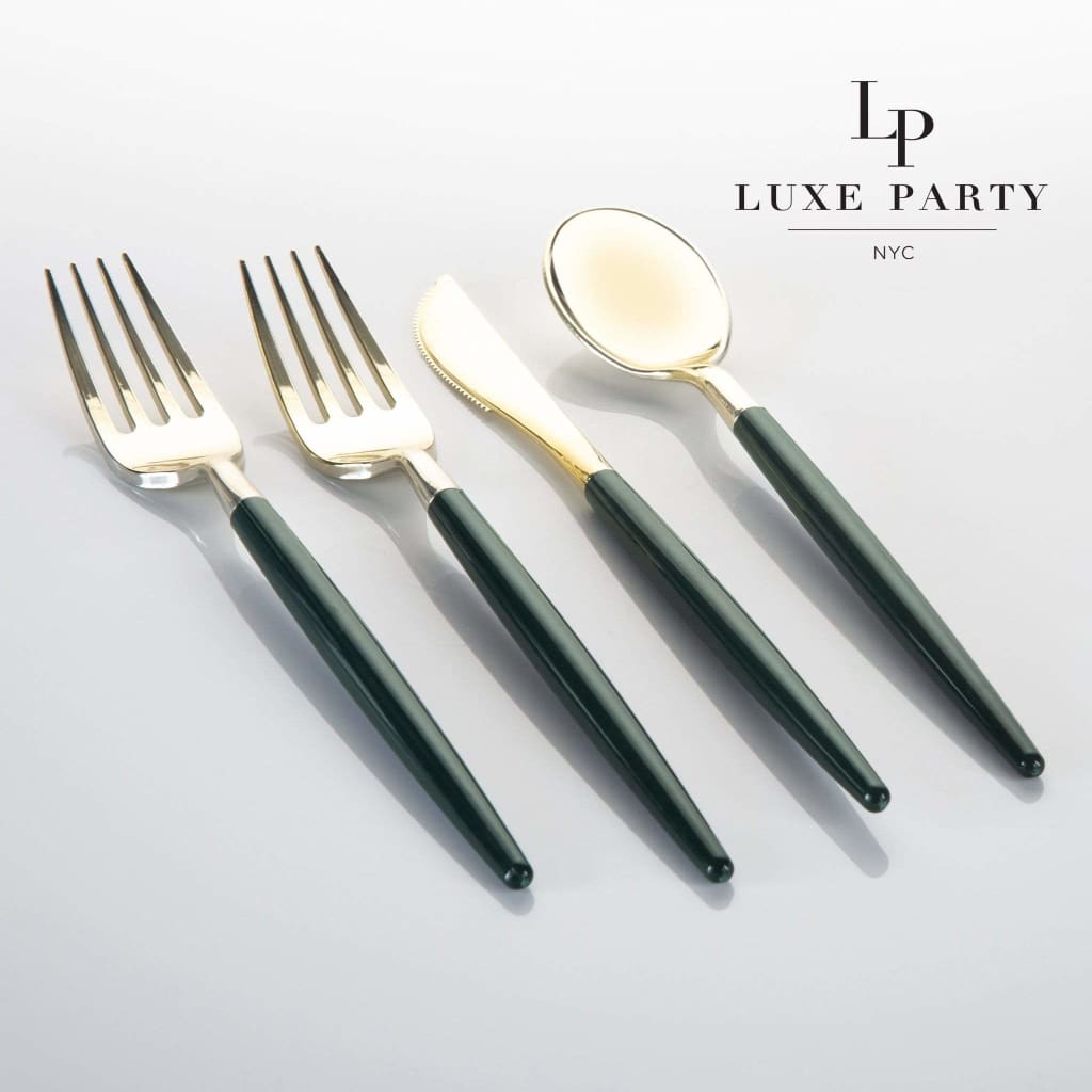 Emerald and Gold Plastic Cutlery Set | 32 Pieces