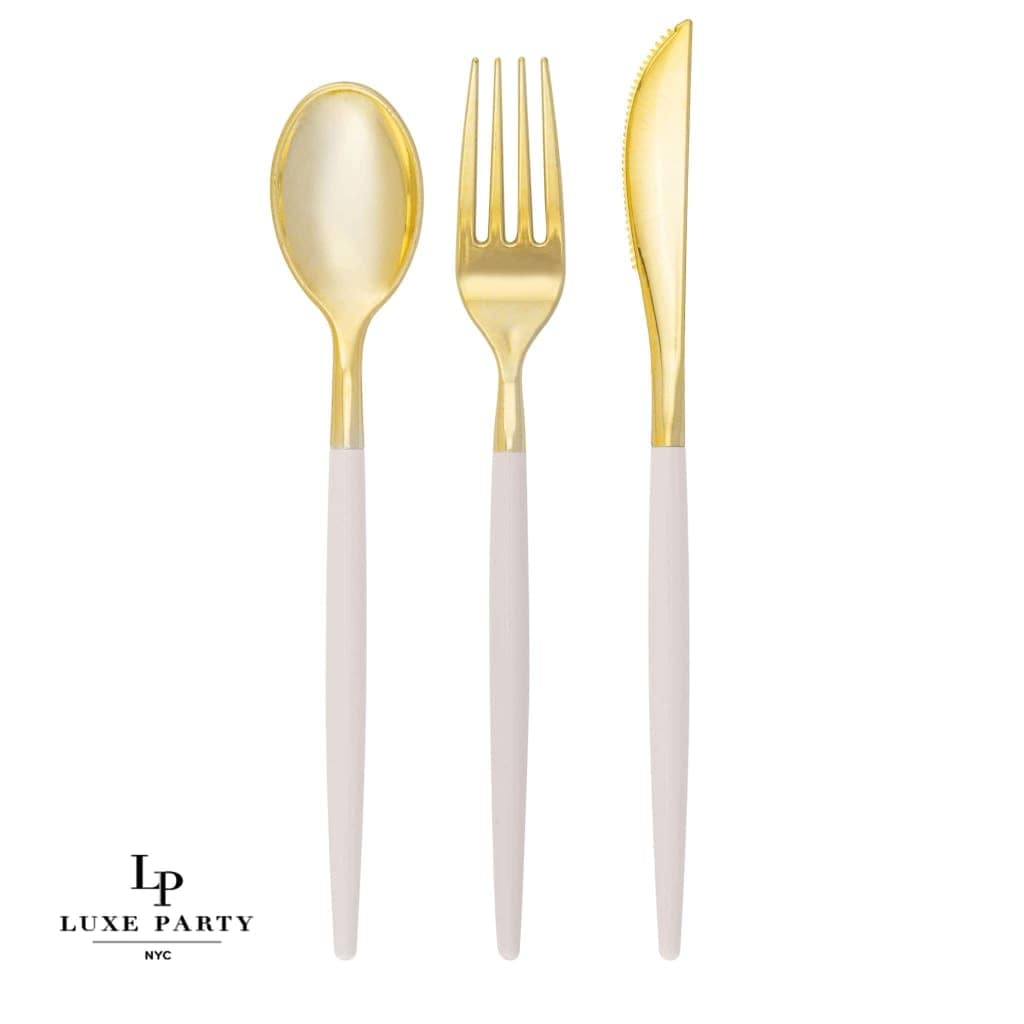 Linen and Gold Plastic Cutlery Set | 32 Pieces