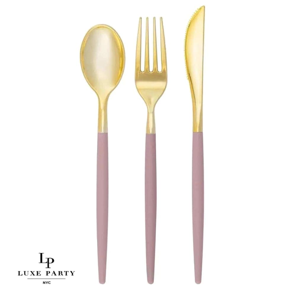 Mauve and Gold Plastic Cutlery Set | 32 Pieces