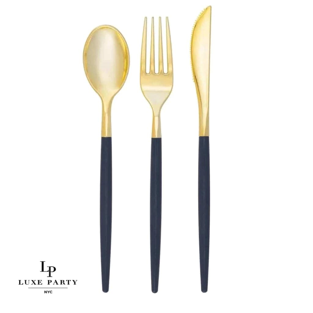 Navy and Gold Plastic Cutlery Set | 32 Pieces