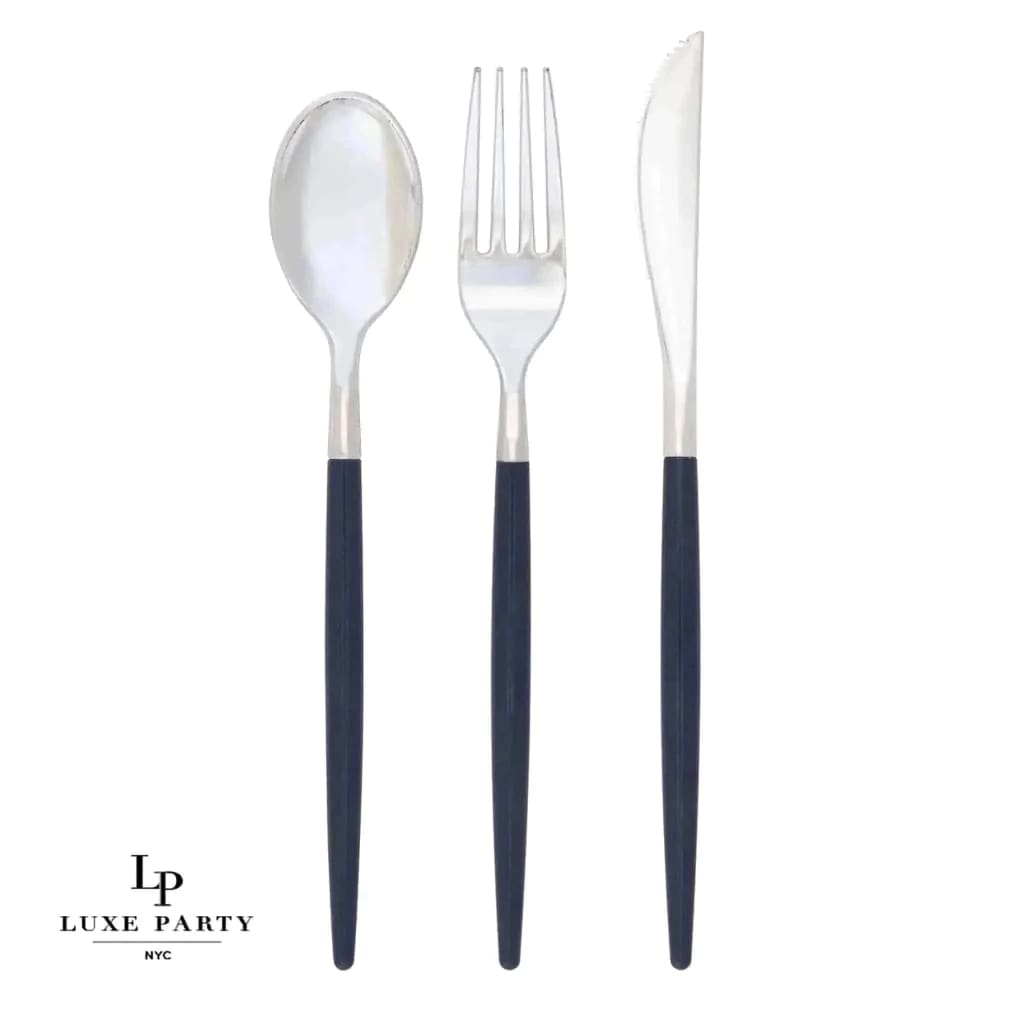 Navy and Silver Plastic Cutlery Set | 32 Pieces