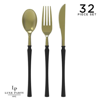 Neo Classic Black and Gold Plastic Cutlery Set | 32 Pieces
