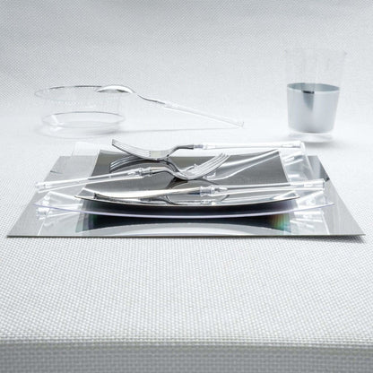 Neo Classic Clear and Silver Plastic Cutlery Set | 32 Pieces