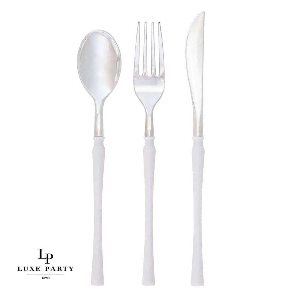 Neo Classic White and Silver Plastic Cutlery Set | 32 Pieces