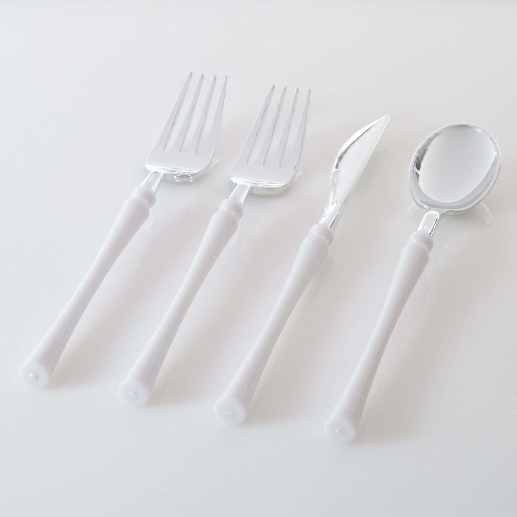 Neo Classic White and Silver Plastic Cutlery Set | 32 Pieces