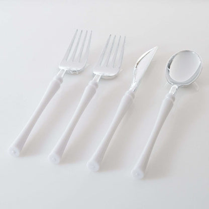 Neo Classic White and Silver Plastic Cutlery Set | 32 Pieces
