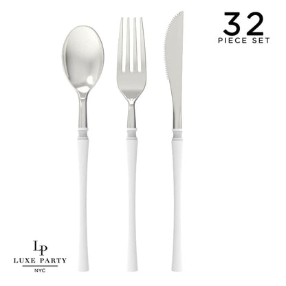 Neo Classic White and Silver Plastic Cutlery Set | 32 Pieces