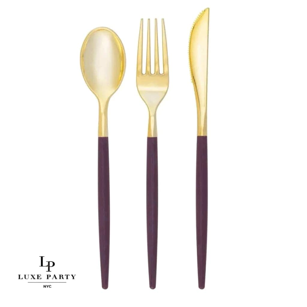 Purple and Gold Plastic Cutlery Set | 32 Pieces